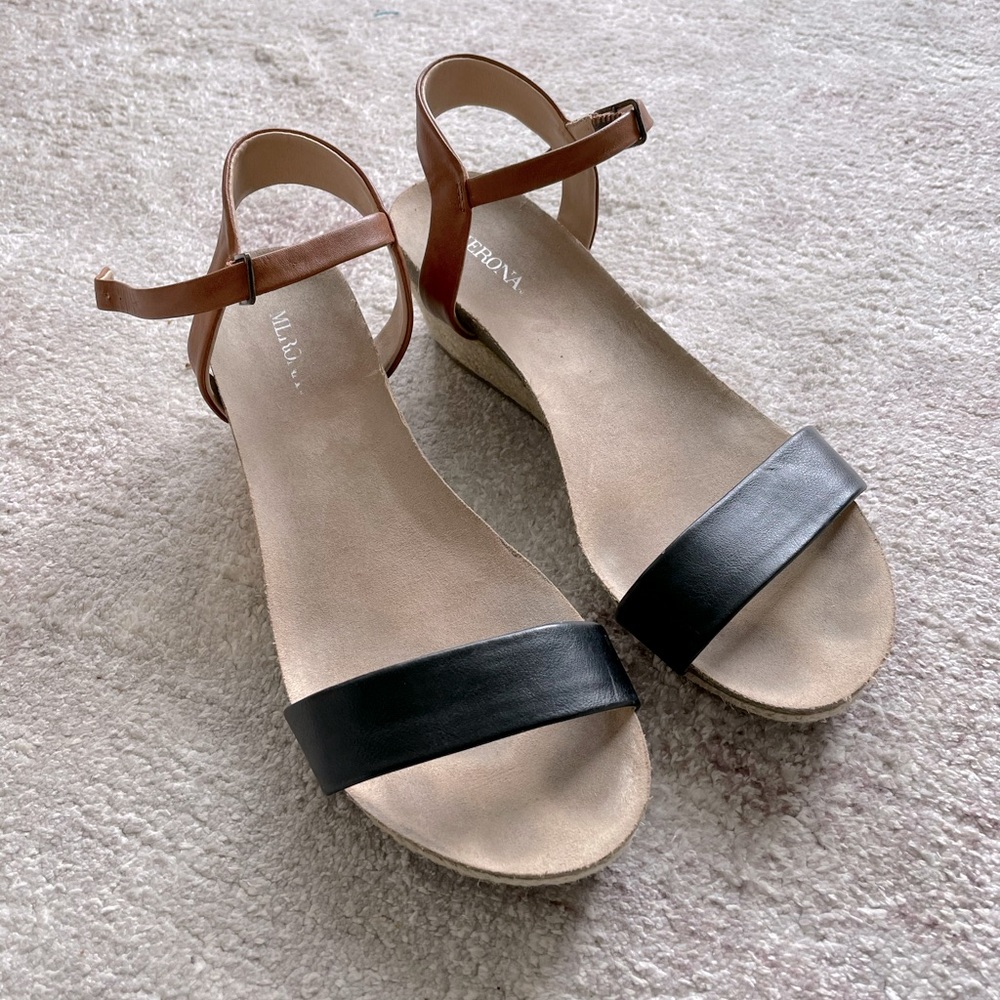 Merona Espadrille Black / Tan Wedge Sandals 7.5